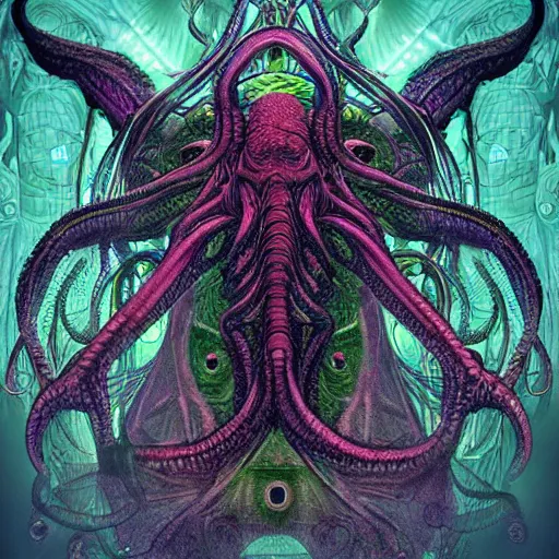 Prompt: cthulhu in culture capsule, bio chemical illustration, hyperealistic detailed photography, divinity, awful, religious art, sci - fi, green light