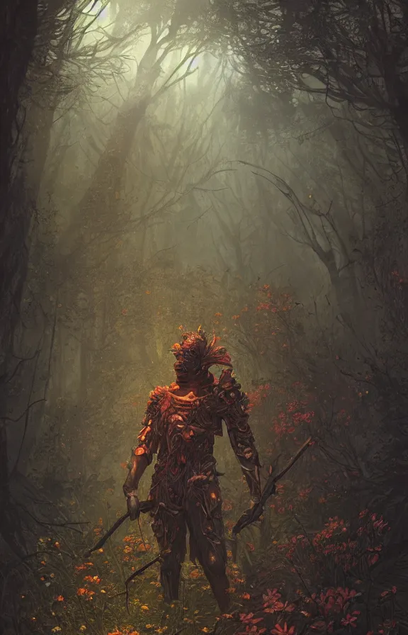 Image similar to a knight among flowers in dark forest surrounded by fire and smoke, moody, rim light, dynamic lighting, cinematic shot, gritty, ultra - detail, renderman, physically based render, jean delville, gustave dore and marco mazzoni