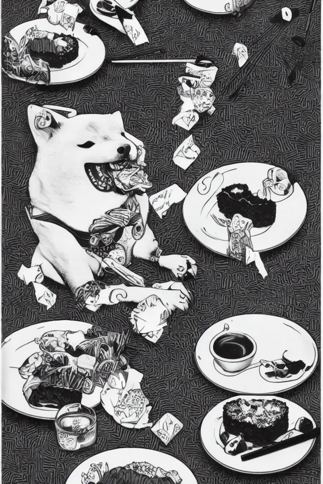 Image similar to a portrait of a shiba inu eating sushi, in the art style of shoihei otomo, realistic, highly detailed, b & w