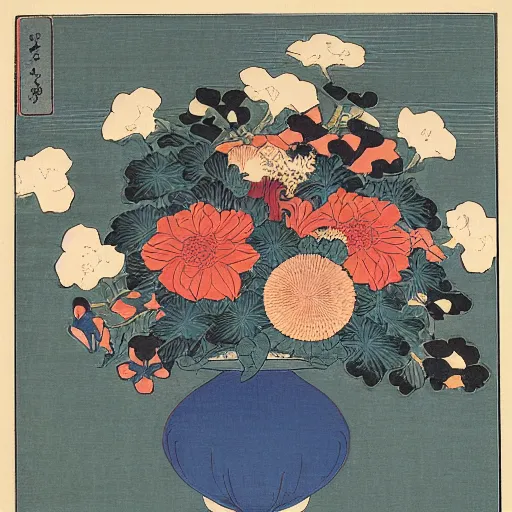 Image similar to bouquet of flowers, centered, symmetrical, ukiyo-e style, Hokusai, Hiroshige