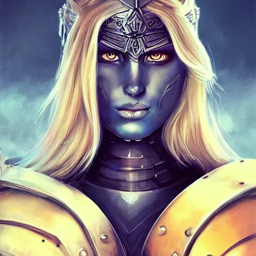 Prompt: a d & d portrait of beautiful blonde paladin woman, heavy metal armor, rpg character, organic painting, bold shapes, hard edges, gloomy colors, by artgerm