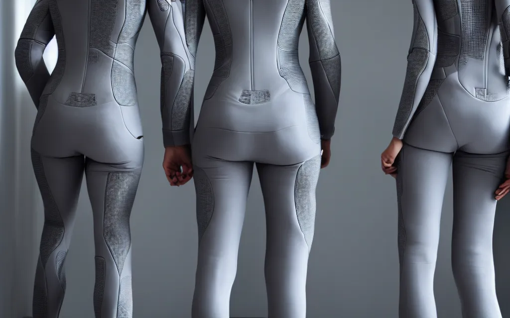 Image similar to love, diverse grey cybersuits, from behind, wide wide angle, vivid, elaborate, highly detailed, beautiful lighting