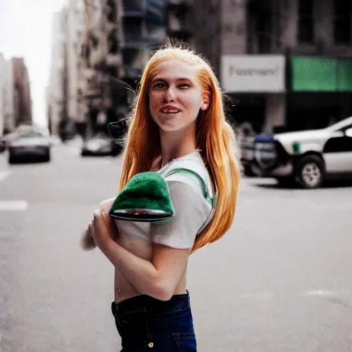 Prompt: Portrait photograph of a Strawberry-Blonde Girl, Young Beautiful Face, Green Eyes, Freckles, Wearing a white crop-top and jeans, with a subtle smile, Humans of New York Style, Leica Camera 50mm lens, street photography, aesthetic canon of proportions, grainy film photo