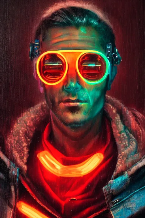 Image similar to detailed portrait of a cyberpunk male with face augmentations, strong neon lighting, raining, mysterious, mirror shades, by glenn fabry, hyper realistic, HD, oil on canvas