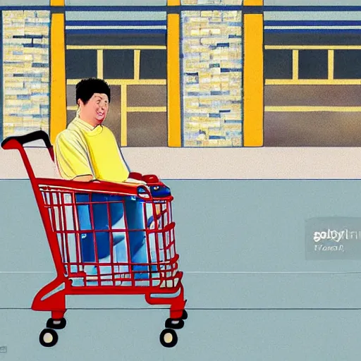 Image similar to chinese man sitting in shopping cart, realism style