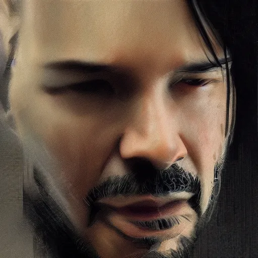 Image similar to keanu reeves as a square headed robot, closeup portrait by greg rutkowski, realistic face, digital art,