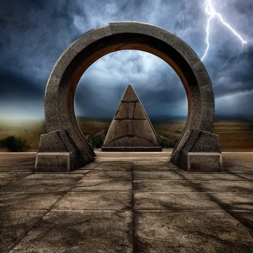 Image similar to stargate made of stone that form a circle, cinematic view, epic sky : : highly detailed