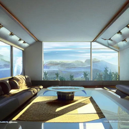 Image similar to neat cannabis space, luxury interior by neville page, ralph mcquarrie, global illumination, radiant light