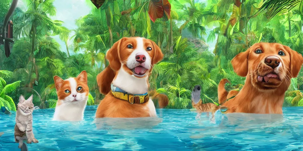 Image similar to cat and dog taking selfie in a swimming pool in the middle of the jungle, highly detailed, digital painting, artstation, concept art