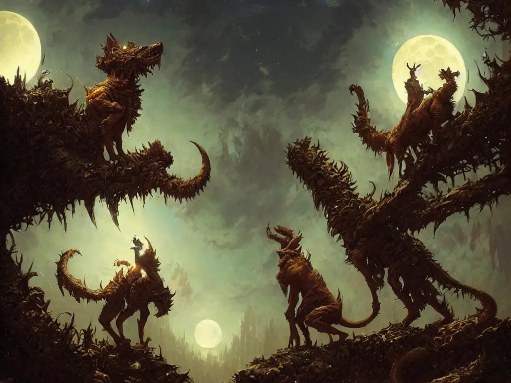 Image similar to fantasy critters looking at the moon, ultra realistic, concept art, intricate details, highly detailed by greg rutkowski, gaston bussiere, craig mullins, simon bisley