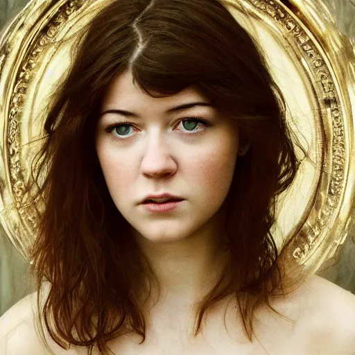 Prompt: a masterpiece portrait photo of a beautiful young woman who looks like an angelic mary elizabeth winstead, symmetrical face