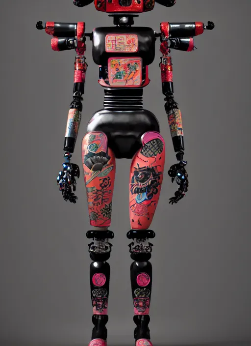 Prompt: full body photo of an punk geisha robot with kanji tattoos and decals wearing a digital pixelated kimono, intricate design, photo - realistic, octane render, dark colour palette, ultra fine detailed, character design, trending on artstation