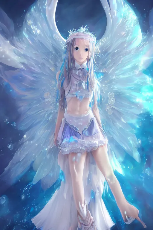 Image similar to anime young girl in school uniform with intricate ice blue crystal fractal wings sitting on an ice throne, wlop, concept art, digital painting, trending on artstation, highly detailed, epic composition, 8 k uhd