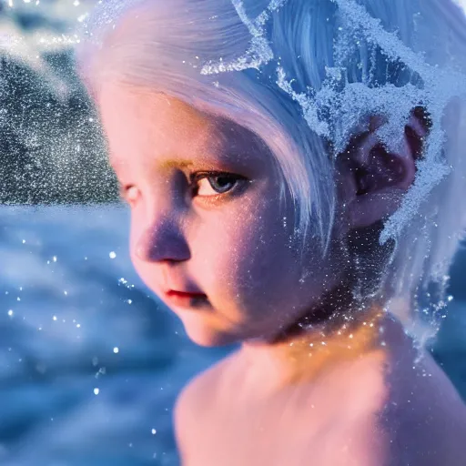 Prompt: ice dust around a frozen girl with white hair and blue eyes on the seashore, In detail, sunset