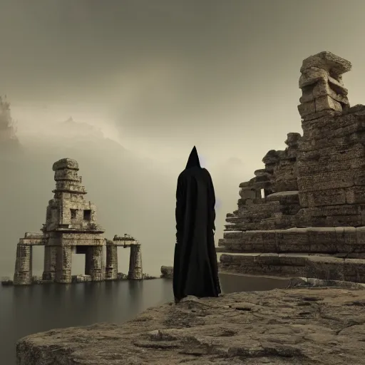 Prompt: high - tech space cult woman with hoodie looking at floating islands while standing on ruins of ancient temple, foggy of a ancient temple in temple dramatic lighting, epic, octane render, volumetric light, unreal engine, artbreeder, 8 k, background, scene