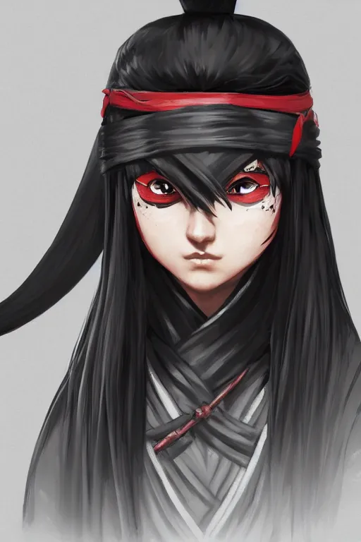 Image similar to native japanese young woman dressed like shinobi ninja, focused stare, partially masked, highly detailed, photorealistic render, digital painting, trending on artstation, character design, overcast weather