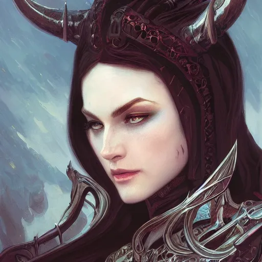 Image similar to portrait of an evil hellspawn, D&D, fantasy, intricate, elegant, highly detailed, digital painting, artstation, concept art, smooth, sharp focus, illustration, art by artgerm and greg rutkowski and alphonse mucha