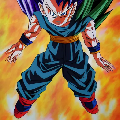 Image similar to fusion of goten and trunks, gotenks, anime, 4 k, detailed, full body, painting, on paper, paint smears, smooth