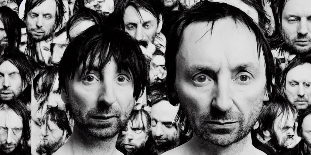 Prompt: Colin Greenwood, a black and white photo of a group Radiohead, an album cover by David Gilmour Blythe, pinterest, bauhaus, tesseract, composition, national geographic photo, flemish baroque