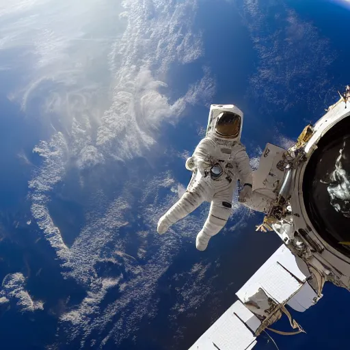 Prompt: an astronaut standing on the ISS floating above earth, a strange object approaches, breathtaking, cinematic, dramatic lighting, volumetric, cinematic composition, awe inspiring