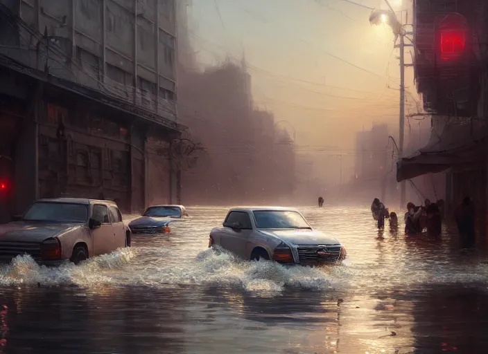 Image similar to cars driving through shallow water, flooded city, people walking through shallow water, muted colors, highly detailed, hyperrealistic, oil painting, intricate, cgsociety, artstation, 8 k, cinematic, soft lighting, by greg rutkowski, by wlop, by artgerm