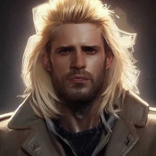 Image similar to hot looking blonde wearing jacket, light stubble, digital art, photorealistoc, art by greg rutkowski, hyperdetailed, western comic style, comic, comic style, sharp lineart, professional lighting, deviantart, artstation, trevor henderson, rossdtaws, cinematic, dramatic