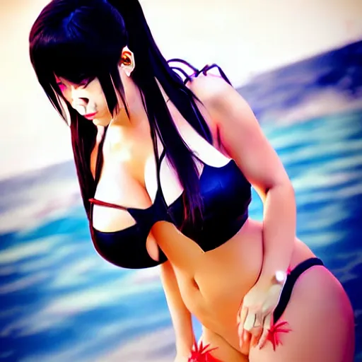 Prompt: beautiful tifa from final fantasy in a bikini on the beach drawn by artgerm