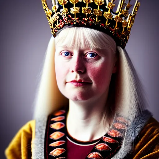 Image similar to portrait photograph of a very beautiful Scandinavian queen with ornate cloak, bokeh, graflex camera, marcro 15mm