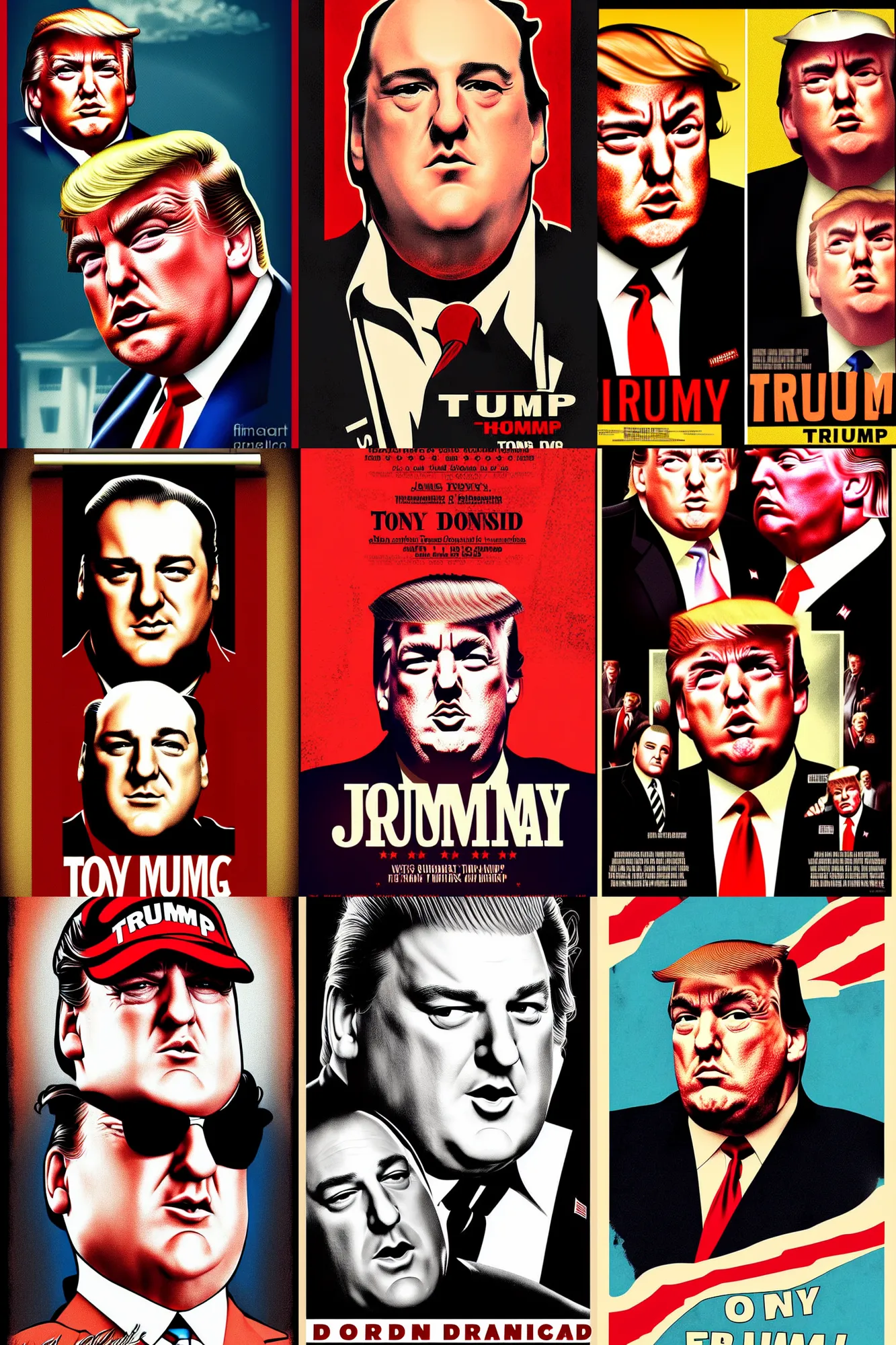 Prompt: vintage movie poster, james gandolfini as tony soprano as donald trump, trump hair, digital art, fanart, shade