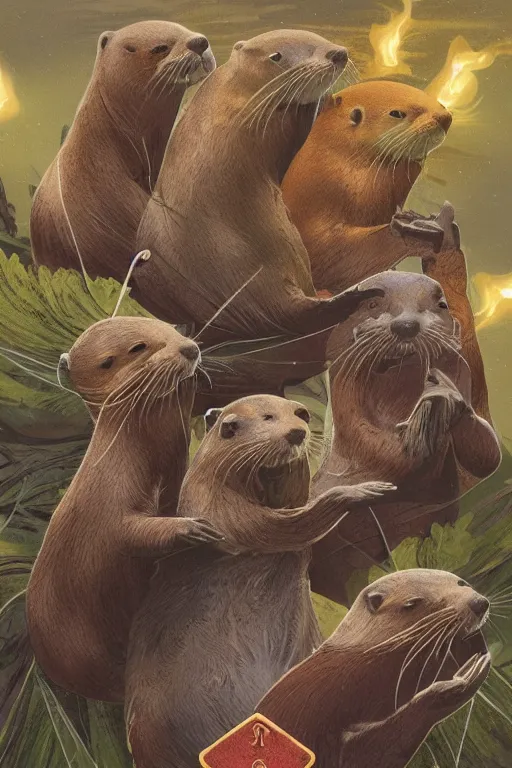 Image similar to Rider-Waite tarot card: Five of Otters, artstation, concept art, 4k