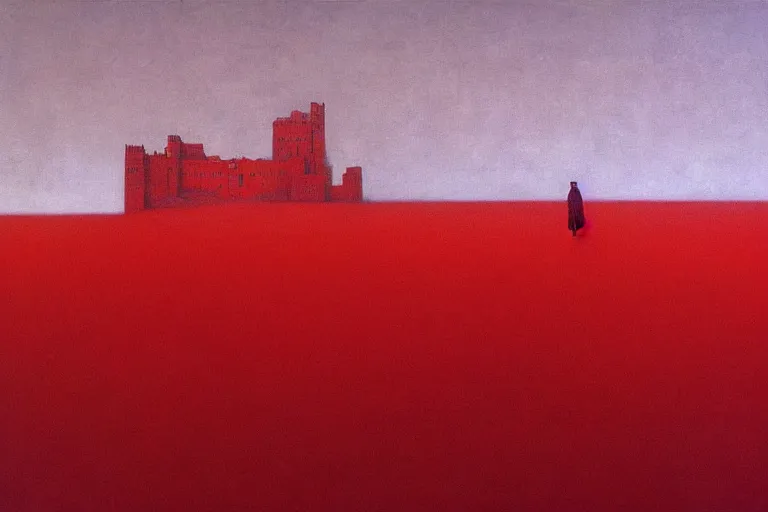 Image similar to only with red, in a red dream world, a crimson tiger, a big deal, a red fox, a castle in the background, in the style of beksinski, part by hopper, part by rodcenko, part by hofbauer, intricate composition, red by caravaggio, insanely quality, highly detailed, masterpiece, red light, artstation