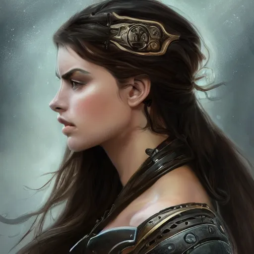 Image similar to a portrait of an attractive young woman, clothed in battle armor, olive skin, long dark hair, beautiful bone structure, symmetrical facial features, intricate, elegant, highly detailed, digital painting, trending on Artstation, concept art, smooth, sharp focus, illustration, in the style of artgerm and alphonse mucha