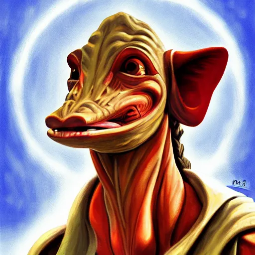 Image similar to jar jar binks working on his dairy farm, digital art