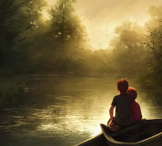 Image similar to a boy and a girl with long flowing auburn hair sitting together on the rowboat. Boy has black short hair, boy has black short hair. Atmospheric lighting, long shot, romantic, boy and girl are the focus, trees, river. details, sharp focus, illustration, by Jordan Grimmer and greg rutkowski, Trending artstation, pixiv, digital art