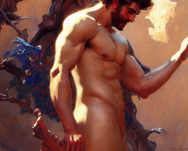 Image similar to attractive apollo greek god. highly detailed painting by gaston bussiere, craig mullins, j. c. leyendecker 8 k