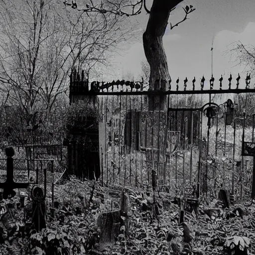 Prompt: cctv security cam grainy black and white footage of baron samedi in an overgrown graveyard