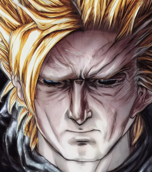 Image similar to award winning 5 5 mm close up portrait color photo of super saiyan trump, in a park by luis royo. anime horror style. soft light. sony a 7 r iv