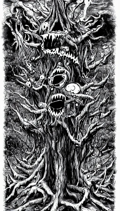 Image similar to a storm vortex made of many demonic eyes and teeth over a forest, by alex pardee