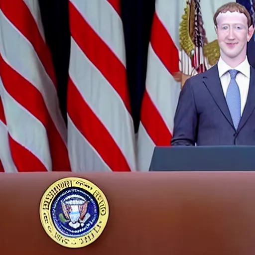 Image similar to mark zuckerberg as the president of the united states wearing a suit standing at the presidential podium