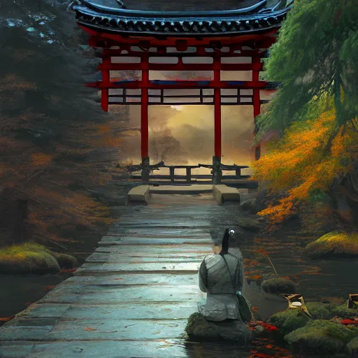 Prompt: brother grimms samurai temple bridge digital art, irina french, heraldo ortega, mandy jurgens golden ratio, art canvas, award winning, masterpiece, trending on artstation, 8 k 1 5 0 mpx