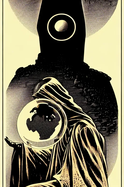 Image similar to side view of a sitting cloaked steampunk wizard holding crystal ball, high details, intricately detailed, by vincent di fate, inking, 3 color screen print, masterpiece, trending on artstation,, sharp, details, hyper - detailed, hd, 4 k, 8 k