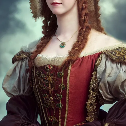 Image similar to 1 7 th century duchess, wow 4 k detail fantasy, cgsociety, matte painting, wow, realistic materials, photo realistic, postprocessing, cinematic, hyperrealistic, warm and cool light, studio lighting, photography, borgia, ekaterina, the borgias, the white princess, the tudors, poldark