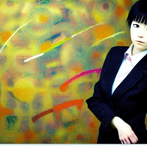 Image similar to yoshitaka amano blurred and dreamy realistic three quarter angle portrait of a young woman with short hair and black eyes wearing office suit with tie, junji ito abstract patterns in the background, satoshi kon anime, noisy film grain effect, highly detailed, renaissance oil painting, weird portrait angle, blurred lost edges