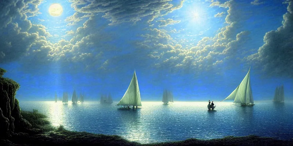 Image similar to an elegant fairy queen in a blue lace dress dancing looking out at a lord of the rings scenery landscape, staring across the sea at a large white timber sail ship, evening, god's rays highly detailed, vivid colour, soft clouds, full moon, cinematic lighting, perfect composition, gustave dore, derek zabrocki, greg rutkowski, belsinski