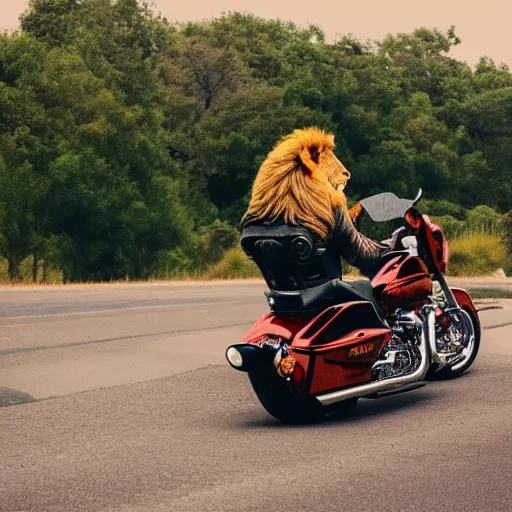 Image similar to a cool lion on a Harley Davidson on the road, cinematic