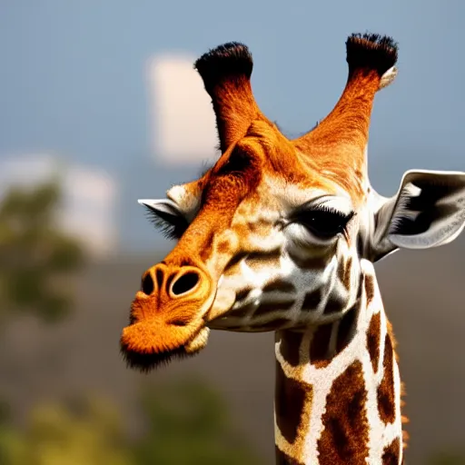 Image similar to A full shot of a giraffe with a beautiful hat, 8k