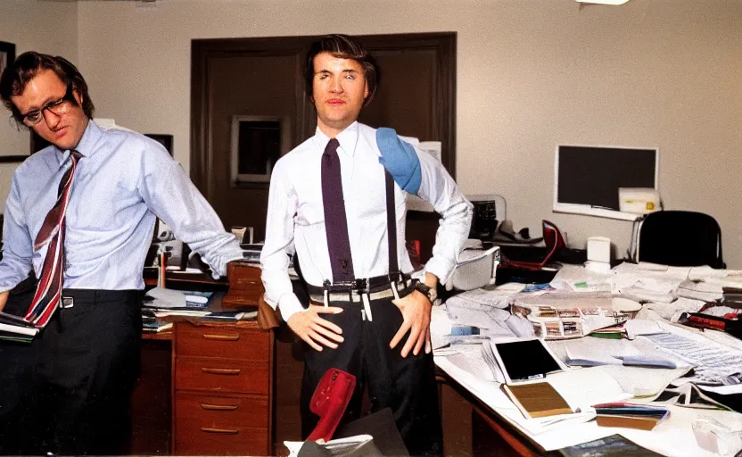 Prompt: color photo of a wall street banker wearing suspenders in his office. 8 0's style