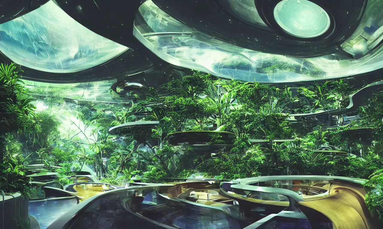 Prompt: interior shot of paradise inside of a spaceship for humans in deep space, night club vibes, futuristic comfortable wooden homes and walkways, celestial objects in the background, spaceship containing every tool for survival, humans creating art in the metaverse, beautiful housing, nature, green plants, water features, waterfalls, epic cinematic composition, vibrant colors, fine details, hyperrealism, photograph