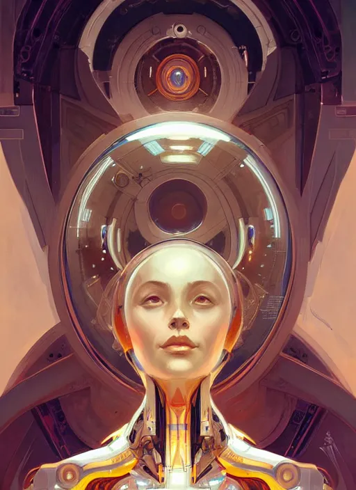 Prompt: symmetry, hi - tech robot in a spaceship intricate, elegant, highly detailed, digital painting, artstation, concept art, smooth, sharp focus, illustration, art by artgerm and greg rutkowski and alphonse mucha