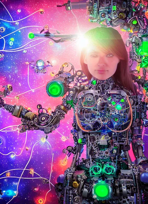 Prompt: intricate cyborg pilot girl with electromechanical robot parts, growing from motherboard wall, connected made of and covered with many colorful wires, featuring beautiful detailed machined crystal eyes glowing with nebula, background glowing game server powered by galaxies. backlit luminous shiny metallic